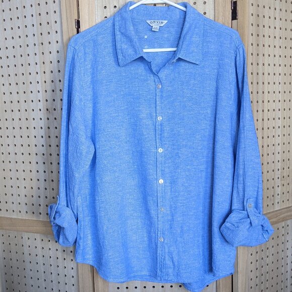 Orvis linen blend long sleeve button down shirt with tab sleeves - Picture 3 of 12